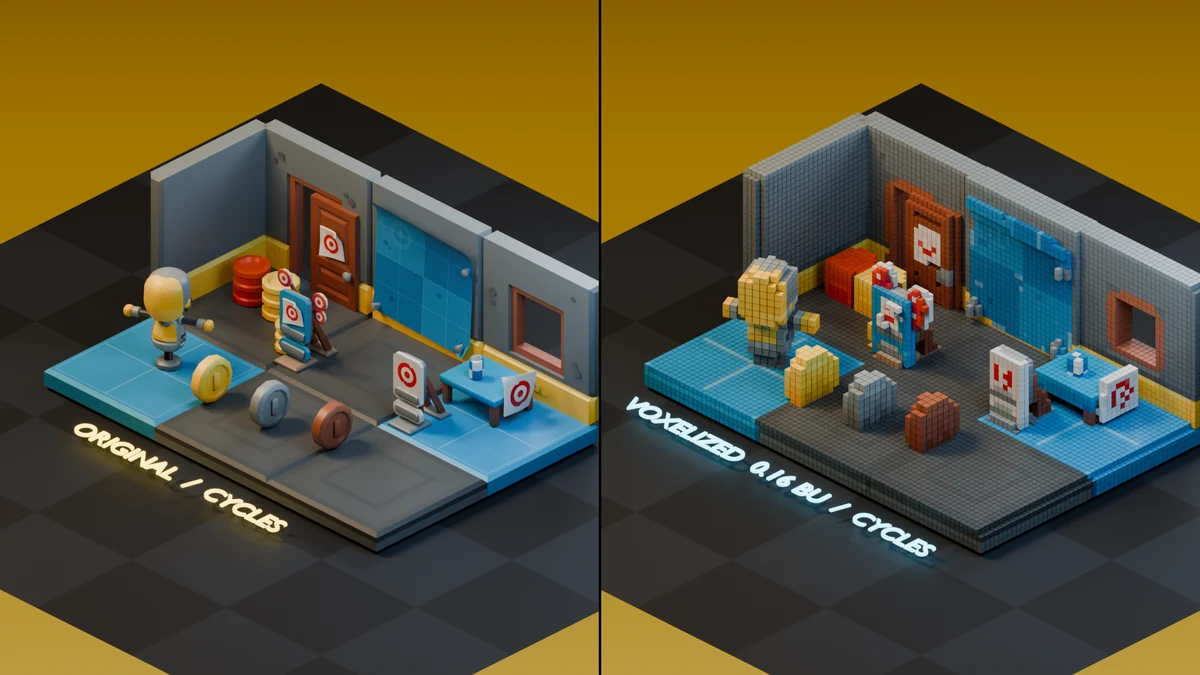 Original textured scene and color-aware voxelized result